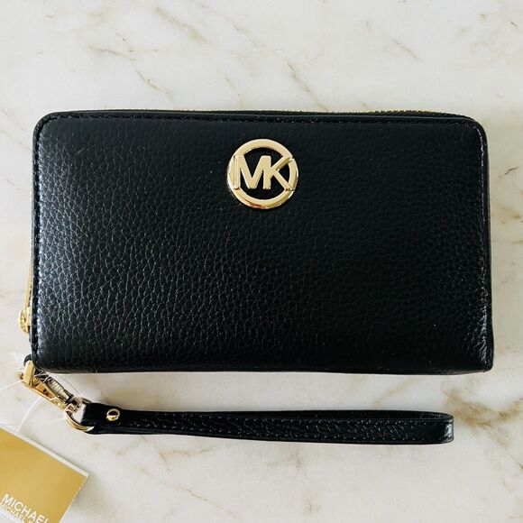 MICHAEL KORS Fulton Black Flat Multi Function Phone Case Zip Wallet Wristlet - Picture 1 of 7